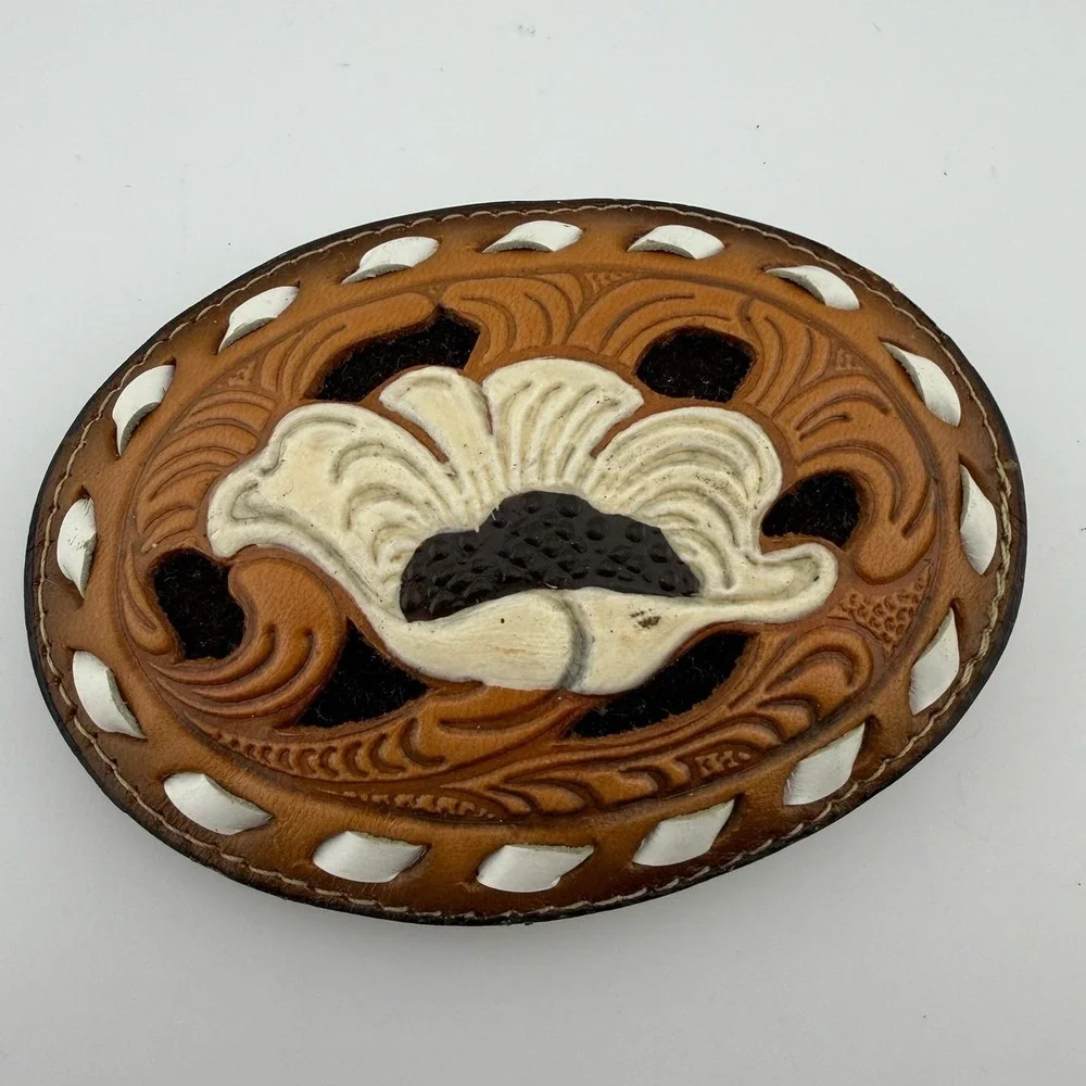 Tony Lama Vintage Tooled Leather Floral Belt Buckle Brown White Made in‎ USA